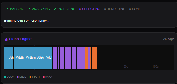 The Autopilot interface featuring the Glass Engine timeline for automated video sequence generation